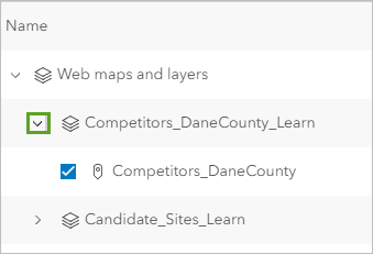 Слой Competitors_DaneCounty отмечен