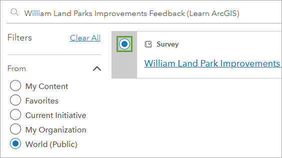 Окно Выберите опрос с выбранным Отзыв по улучшению парка William Land Park (Learn ArcGIS)