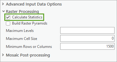 Отмеченная опция Вычислить статистику в разделе Обработка растров