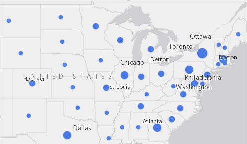 Часть карты, показывающая синие кружки на каждом штате и базовую карту Светло-серое полотно