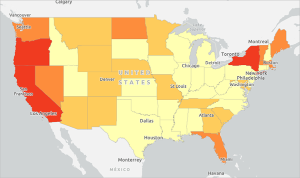 Карта с красно-желтой цветовой шкалой, в которой Северная Дакота обозначена темно-оранжевым цветом