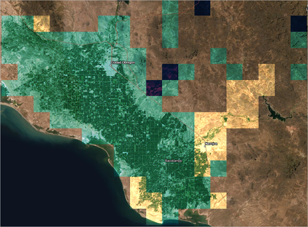 Слой Irrigated Wheat Yield смешивается с базовой картой спутниковых снимков.