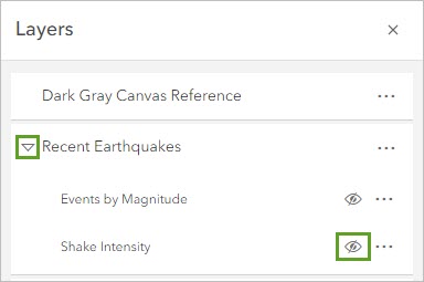 Разверните групповой слой Recent Earthquakes и кнопку видимости для Событий по Уровню значимости.