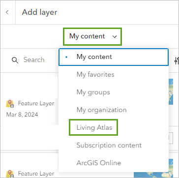 Выбрать Living Atlas на панели Добавить слой