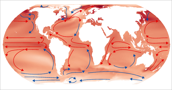 Карта увеличения температуры и океанские течения