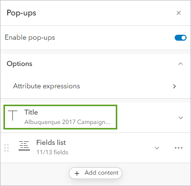 Кнопка Заголовок на панели Всплывающие окна