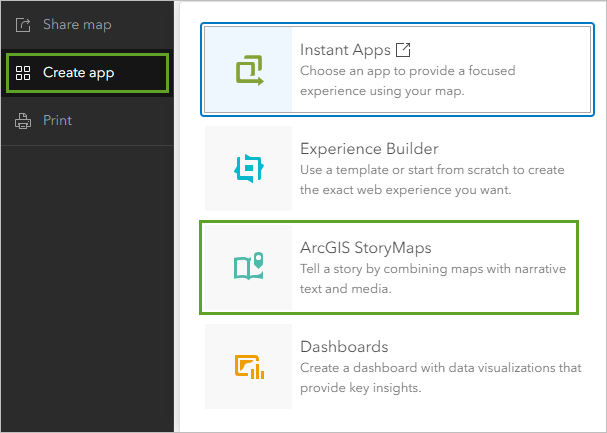 StoryMaps в меню Создать приложение