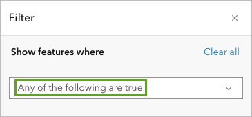 Любое из следующих условий является истинным параметром на панели Фильтр