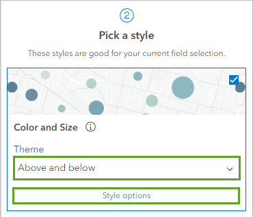 Тема установлена на "Выше и ниже" для стиля "Цвет и размер" и кнопки Опции стиля.