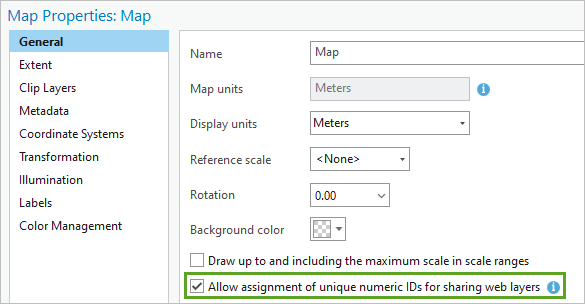 Опция Разрешить назначение уникальных числовых ID для публикуемых веб-слоев на вкладке Общие в окне Свойства карты включена.
