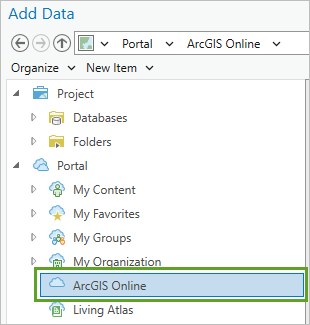 ArcGIS Online в разделе Портал в окне Добавить данные
