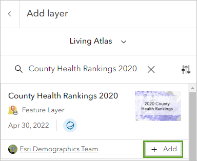 Слой County Health Rankings 2020 с кнопкой Добавить