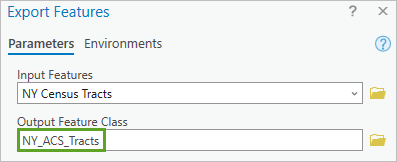 В окне Экспорт объектов выходной класс объектов задан как NY_ACS_Tracts