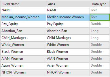 Тип данных Median Income Women задан как Текст в виде Поля для слоя Indicators