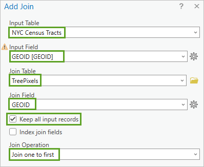 Параметры, введенные в инструменте Добавить соединение для объединения полей таблицы TreePixels со слоем NYC Census Tracts