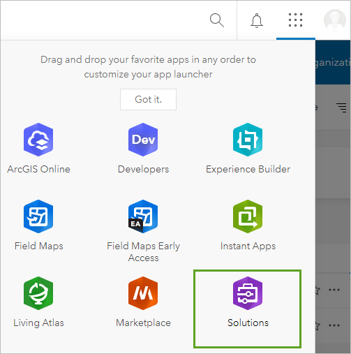 Откройте ArcGIS Solutions в Запуске приложений.