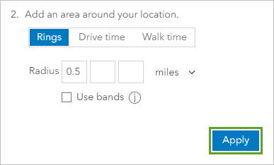 Кнопка Применить для параметра Добавить область вокруг вашего местоположения