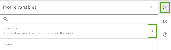 Стрелка для $feature на вкладке Переменные профиля в окне выражения
