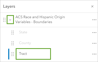 ACS Race and Hispanic Origin Variables - Boundaries 图层组已展开，并且在“图层”窗格中选择了 Tract 图层