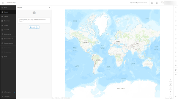 打开的 Map Viewer 中显示了一个新地图和打开的图层窗格