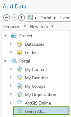 在“添加数据”浏览器中选择 Living Atlas。
