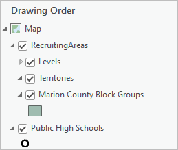 “内容”窗格中的 RecruitingAreas 地区解决方案图层包含三个子图层