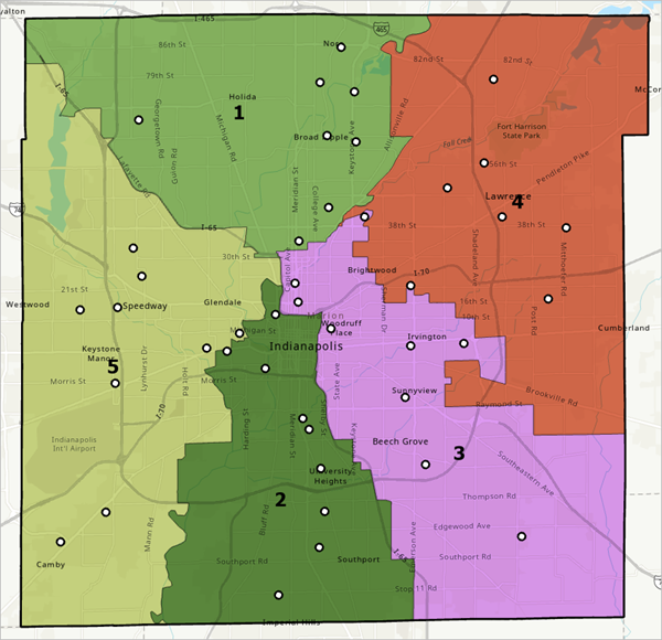 马里恩县地图分为五个区域，底图可见且标注带编号