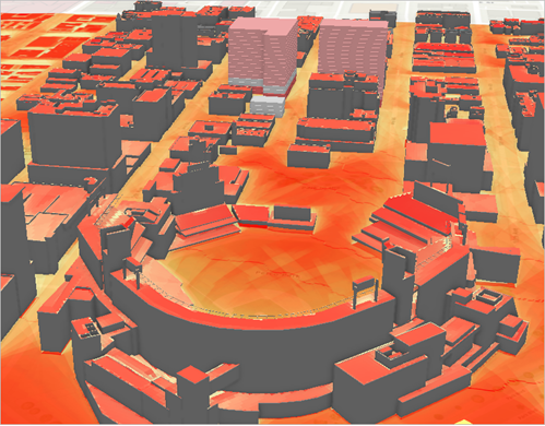 采用不同红色阴影的圣地亚哥市中心 3D 视图