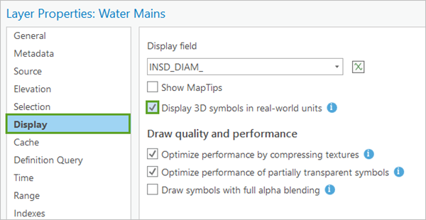 Water Mains“图层属性”窗口中的“显示”选项卡