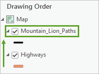 Mountain_Lion_Paths 图层已拖动到 Highways 图层上方