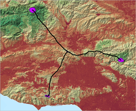 Mountain_Lion_Paths、Core Mountain Lion Habitats 和 Cost_Surface 图层显示在地图上
