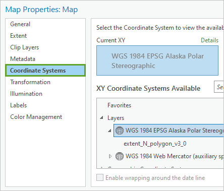 “地图属性”窗格中的“坐标系”选项卡