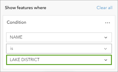 过滤器条件设置为 NAME IS LAKE DISTRICT