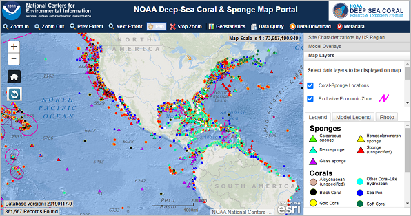 NOAA 深海珊瑚和海绵地图门户页面