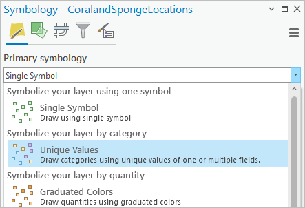 CoralandSpongeLocations 要素图层符号系统窗格中“主符号系统”的“唯一值”