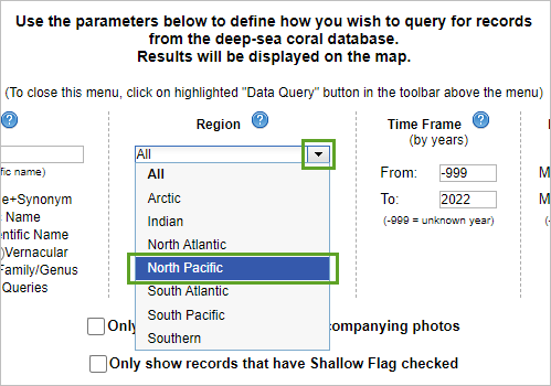 在数据查询窗格中为区域选择北太平洋