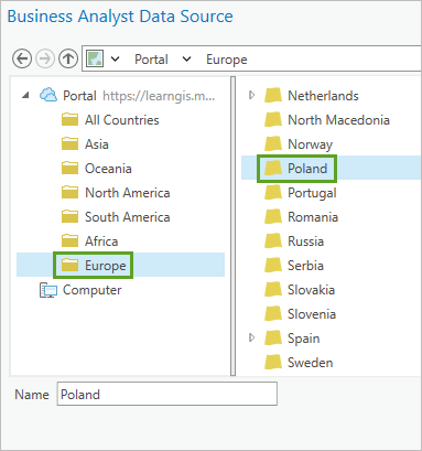 在“Business Analyst 数据源”窗口中选择的“波兰”文件夹