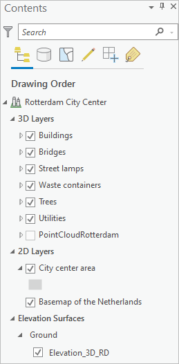 “内容”窗格中的 Rotterdam City Center 场景图层