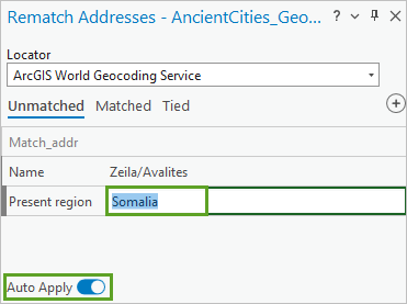 “重新匹配地址”窗格中已重命名的 Somalia