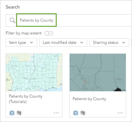 在“选择图层”窗口中的搜索栏中键入 Patients by County