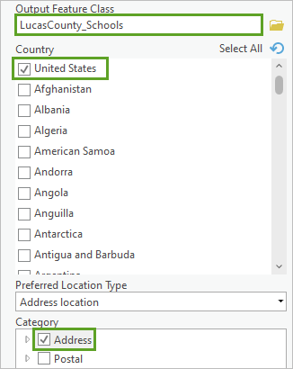 在“地理编码地址”工具窗格中输入的其余参数