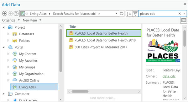 “添加数据”窗口中 data_cdc 的图层组 PLACES: Local Data for Better Health