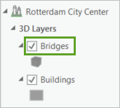 “内容”窗格中的 Bridges 图层。