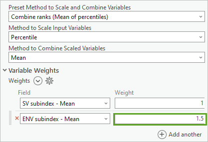 计算复合指数工具窗格中添加的 ENV subindex 权重