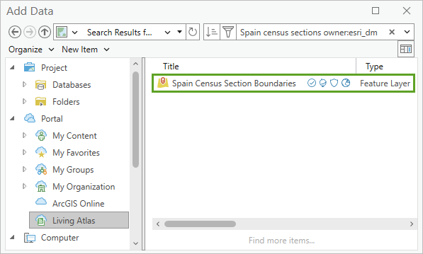 搜索结果列表中的 Spain Census Section Boundaries 图层