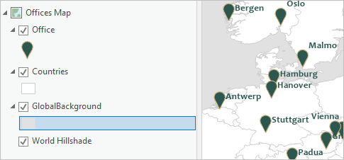 在“内容”窗格和地图上更改为浅灰色的 GlobalBackground 图层。