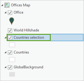 在“内容”窗格中选择的 Countries selection 图层。