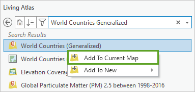 World Countries (Generalized) 图层快捷菜单中的添加至当前地图选项