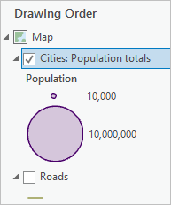 “内容”窗格中的 Cities: Population totals 图层
