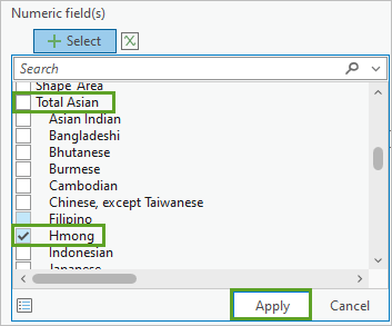 在“数值字段”菜单中取消选中 Total Asian，选中 Hmong，然后单击“应用”按钮。
